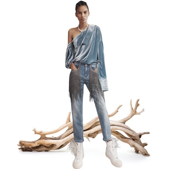 HELLESSY "Amalie" Smokey Blue Velvet One-Shoulder Top | US 6 | Retail $920 NWT - Picture 2 of 12